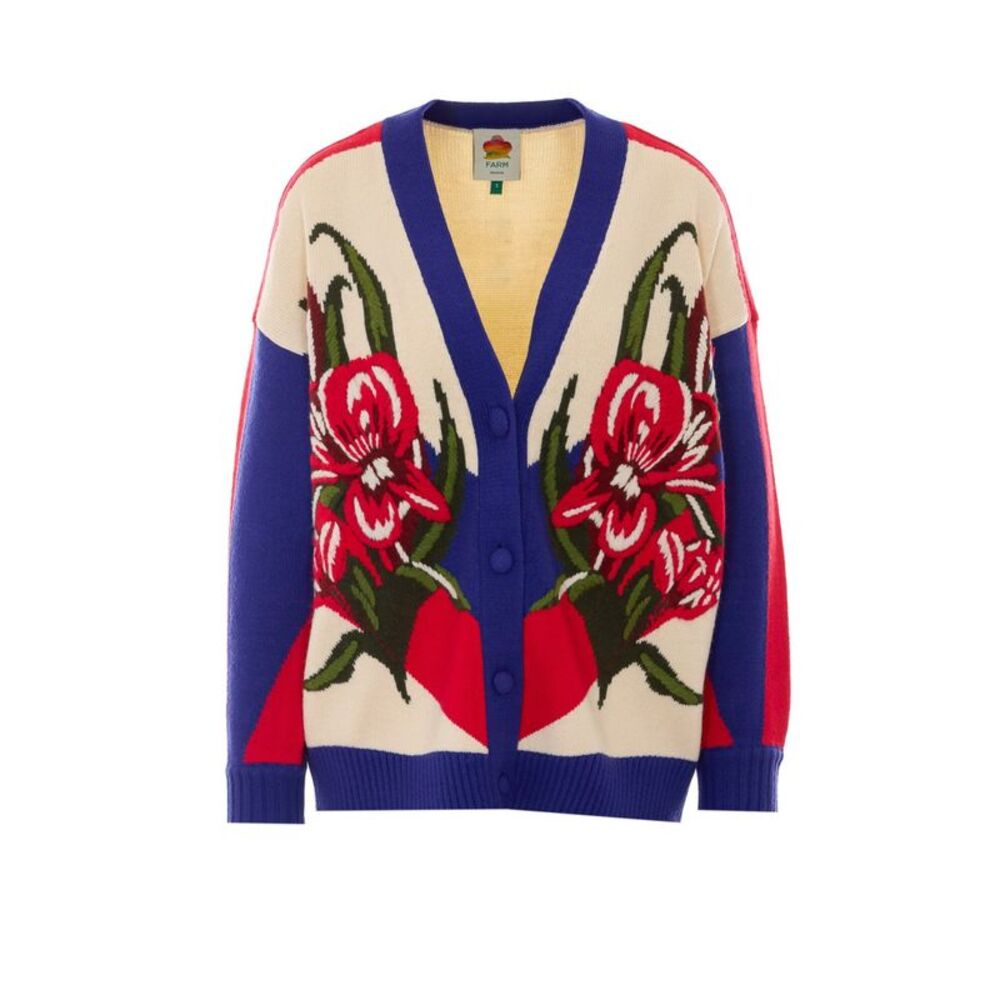 Farm Rio Women Bold Stripe Flowers Knit Cardigan